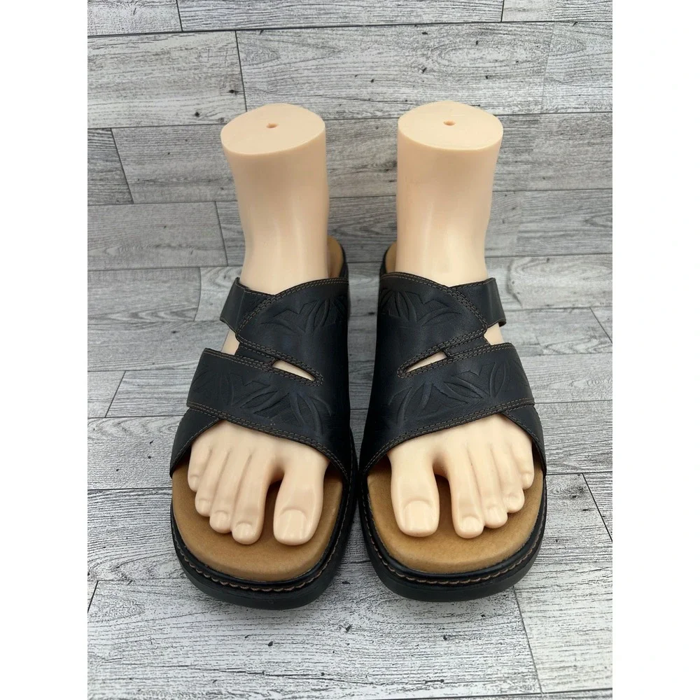 Clarks Black Leather Embossed Floral Wedge‎ Slide Sandals Women 10M